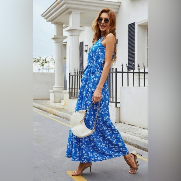 NWT Women’s Halter neck, Maxi layer dress in blue and Flora with leaf dot print - Picture 6 of 6